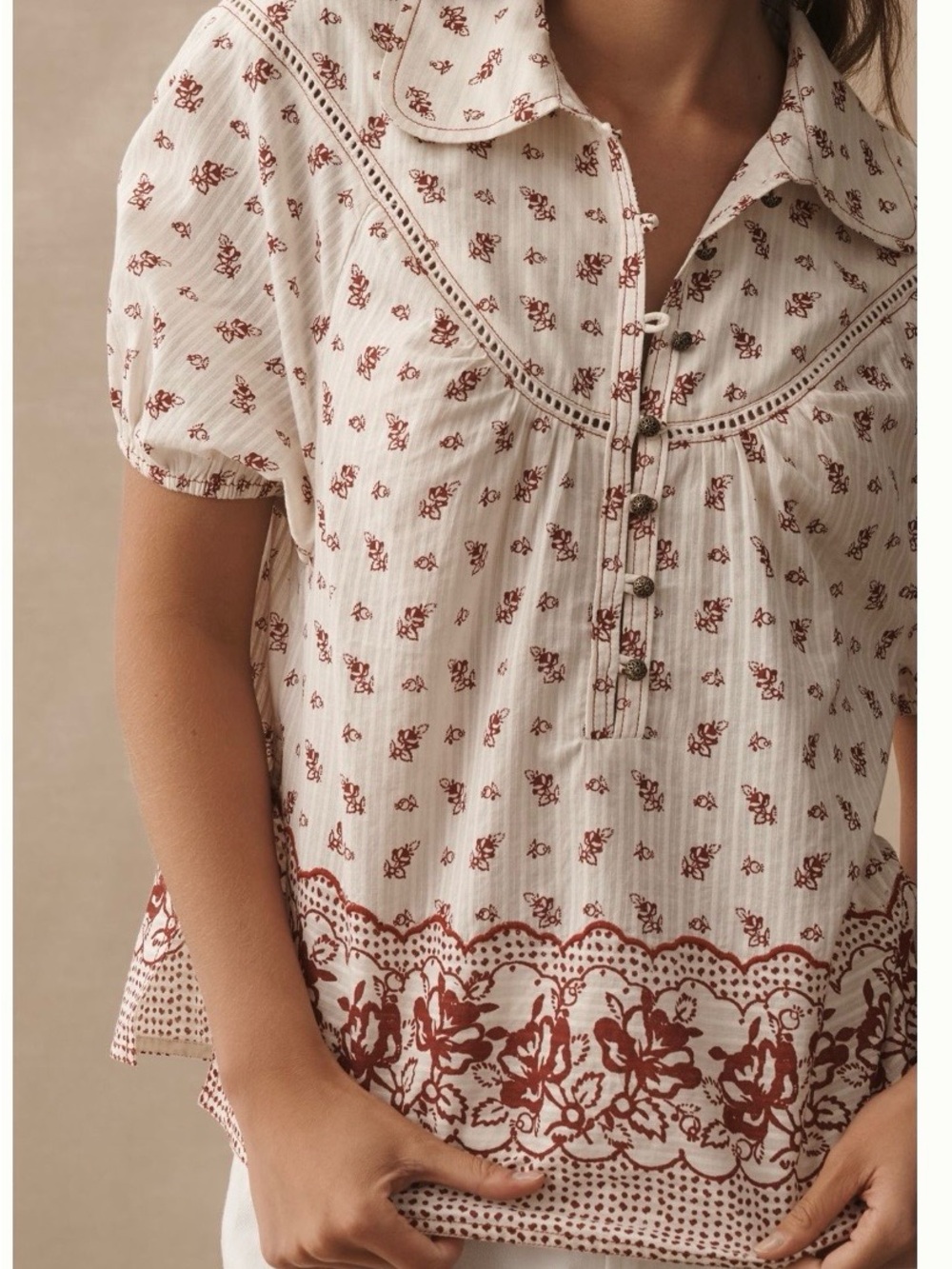Pilcro Cream Peasant Top with Rust Floral Border - Picture 3 of 8